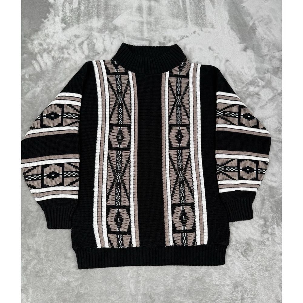 Vintage Clifton Place Knit Sweater Mens Medium Black Geometric Abstract 80s 90s